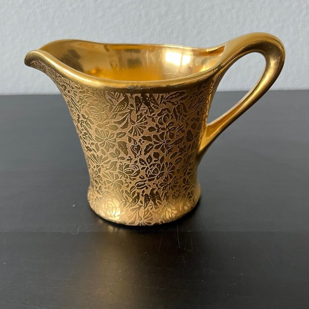 Vintage 1930s Gold Birds & Flowers Creamer // Wheeling Decorating Co WV USA